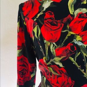Black and red rose pattern dress.Silky satin rose